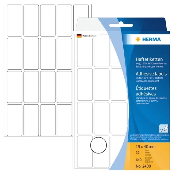 HERMA etiqueta manual 19 x 40 mm blanco, 640 unidades.