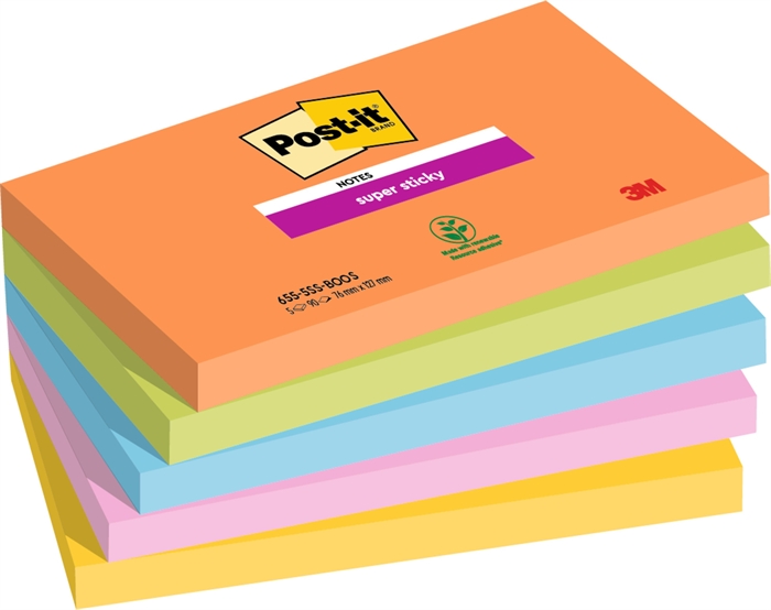 3M Notas adhesivas Post-it súper adherentes Boost de 76 x 127 mm, - 90 hojas - pack de 5.