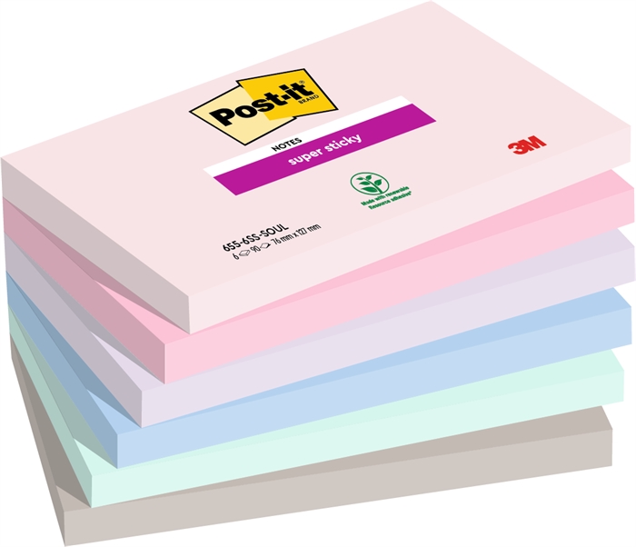 Notas adhesivas super adhesivas 3M Post-it Soulful 76 x 127 mm, - 90 hojas - paquete de 6.