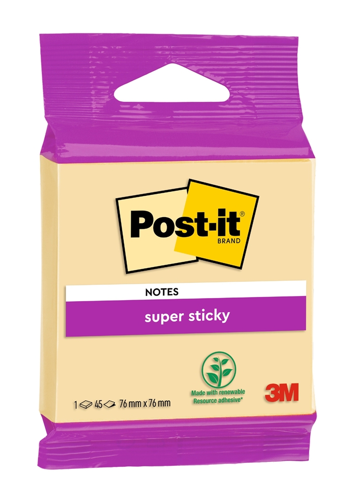 Notas adhesivas super pegajosas de 3M Post-it, color amarillo canario, 76 x 76 mm, - 45 hojas