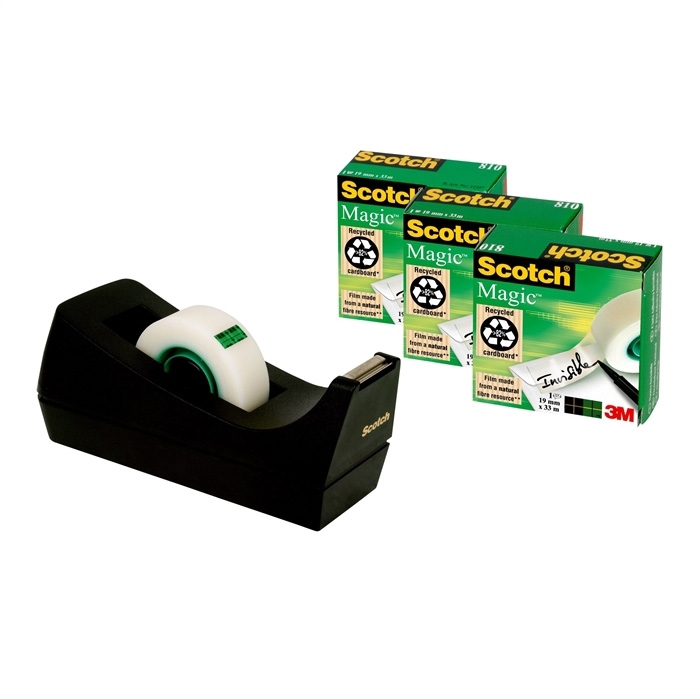 3M Dispensador de Cinta C38 + 3 rollos de cinta 19mmx33m negro