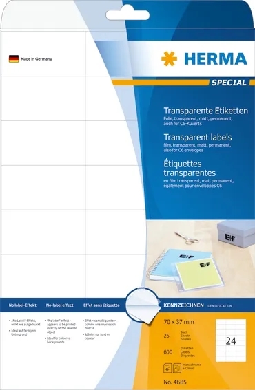 HERMA película de etiquetas 70 x 37 transparente mate, 600 unidades.