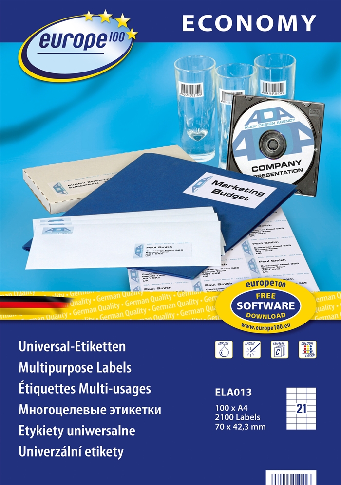 Avery Europe 100 etiqueta universal 70 x 42,3 mm, 2100 unidades.