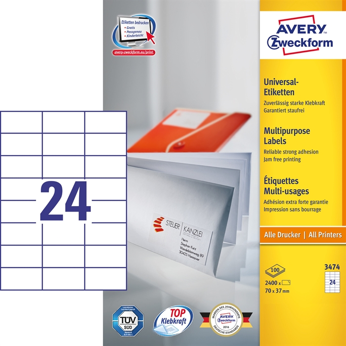 Avery ILC etiqueta universal 70 x 37 mm, 2400 unidades.