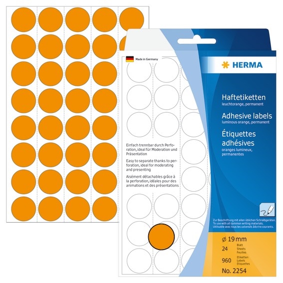 HERMA etiqueta manual ø19 naranja neón mm, 960 piezas.