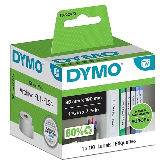 Dymo Labels para carpetas de correspondencia 38 x 190 mm blanco, 110 unidades.