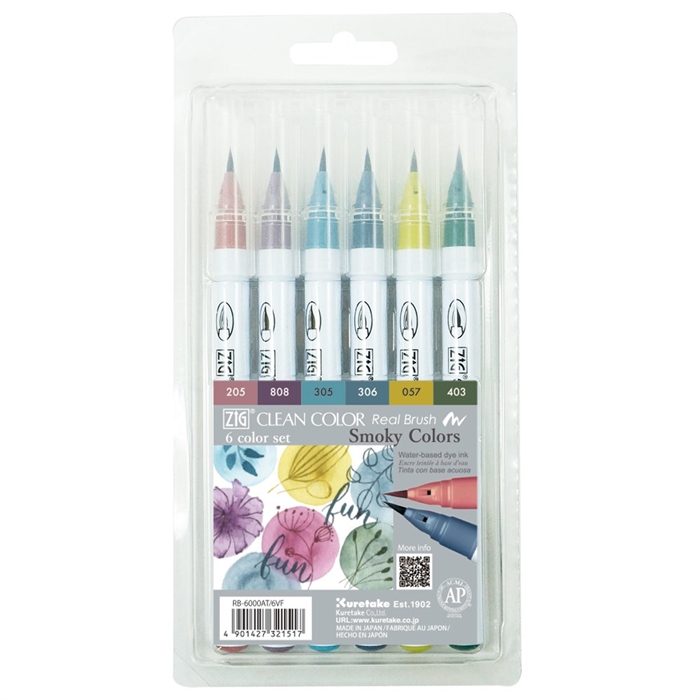 ZIG Clean Color Pluma Pincel Set con 6 colores ahumados.